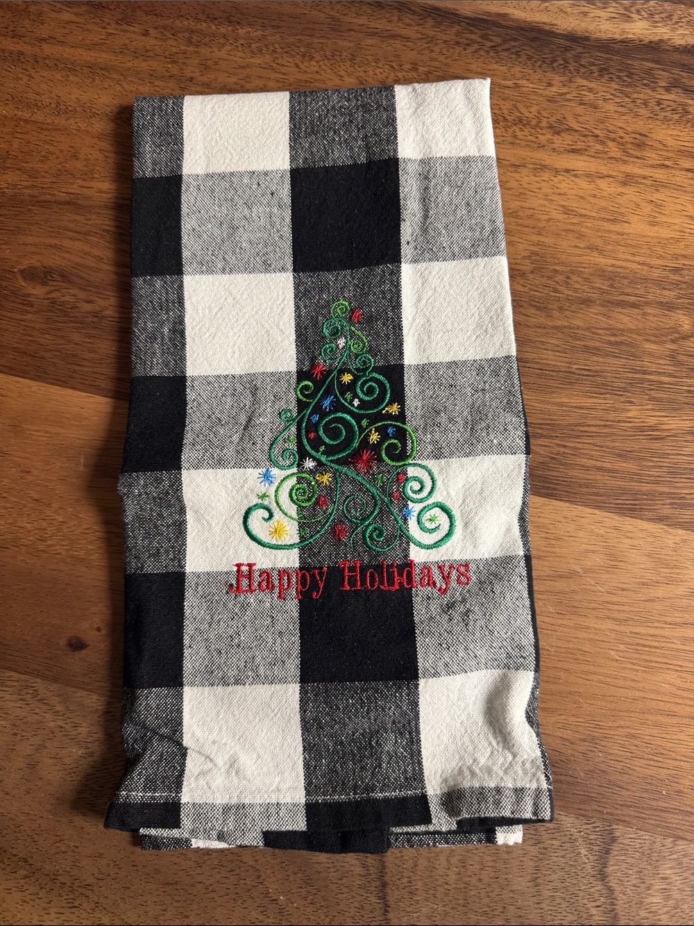 Holiday Buffalo Check Kitchen Towel with Green Tree Embroidery - Happy Holidays